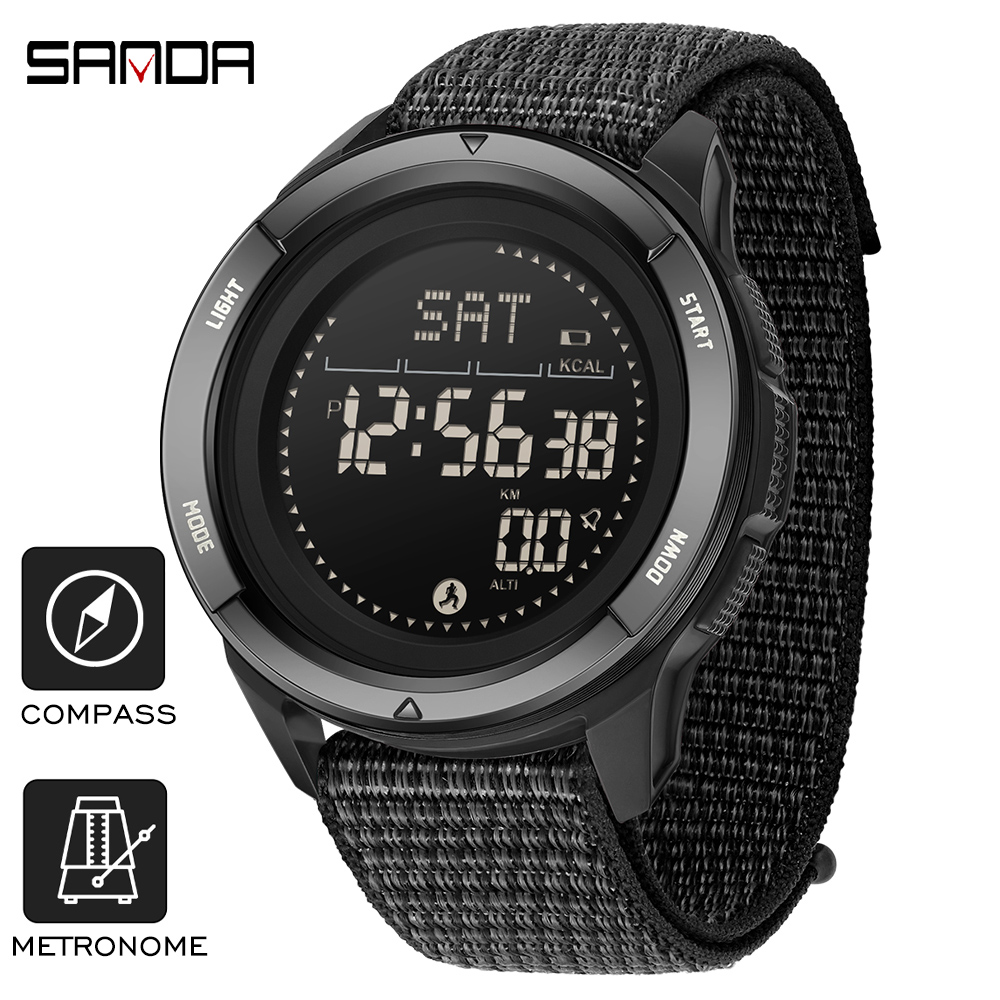 Metronome Digital - SANDA ยี่ห้อนาฬิกาอิเล็กทรอนิกส์ Mens กีฬามัลติฟังก์ชั่ Pedometer เข็มทิศกันน้ํานาฬิกาผู้ชาย