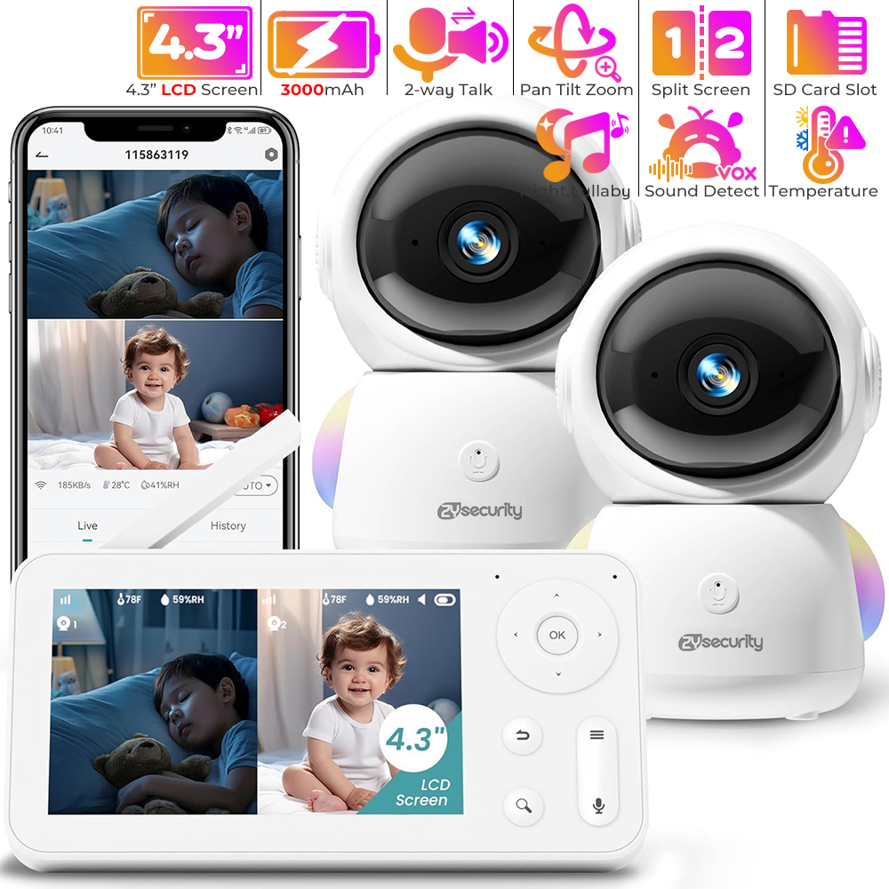 Audio Detect Music - 2K เครื่องเฝ้าดูเด็กพร้อมกล้อง 2 ตัวและออดิโอเบบี้โฟน สมาร์ทโฟน WiFi